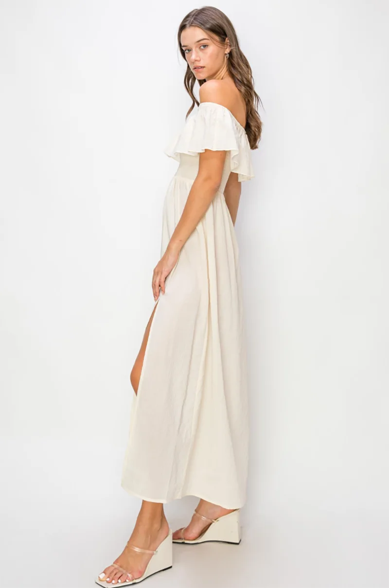 Ruffle Tiered Off Shoulder Smocked Midi Dress – Side Slit